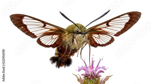 Hummingbird moth flying and feeding on a small purple flower in summer