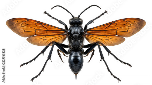 Black tarantula hawk wasp with orange wings viewed from above