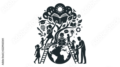 International Education Day Vector Illustration, Diverse Students and People Walking with Books and Art Palette, Lifelong Global Learning Concept