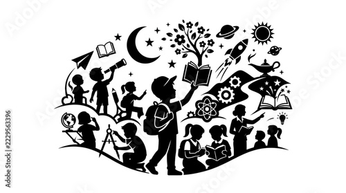 International Education Day Vector Illustration, Diverse Students and People Walking with Books and Art Palette, Lifelong Global Learning Concept