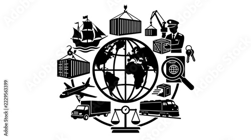 International Trade and Customs Inspection Vector Concept, Cargo Freight Logistics, Shipping Container, Air, Sea and Land Transport Icons