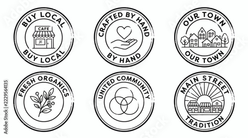 Set of local community and small business rubber stamp badges with handcrafted organic icons