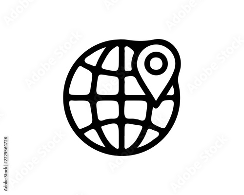 Black globe icon with location pin symbol isolated on a white background