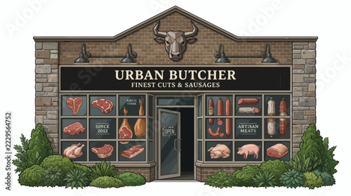 Urban Butcher Shop Storefront Illustration with Gourmet Meat Cuts and Sausages Display