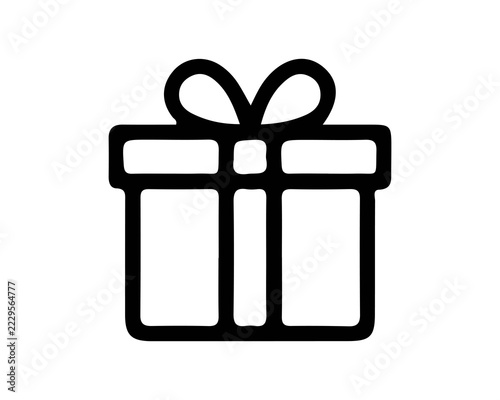 Black gift box icon with ribbon bow isolated on a plain white background