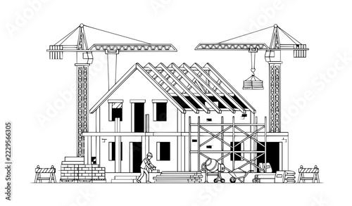House Construction Site with Two Tower Cranes and Brick Walls Vector Illustration
