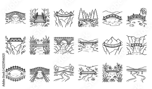 Scenic Bridge and River Landscape Outline Icons with Mountain and Nature Elements