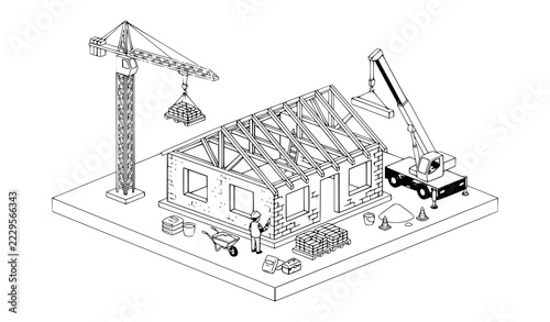 Brick House Construction Vector Illustration with Two Cranes and Building Equipment