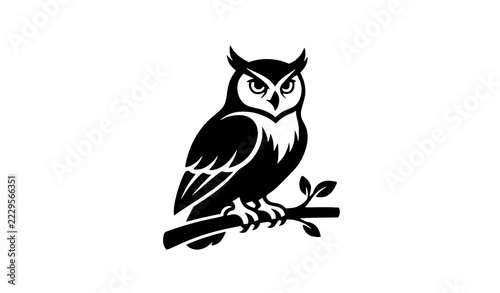 Great Horned Owl Silhouette Vector Logo with Branch for Wildlife and Nature Education