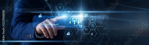 Obraz na plátně Support specialist hand pointing at Technical Support log on a global digital security interface screen