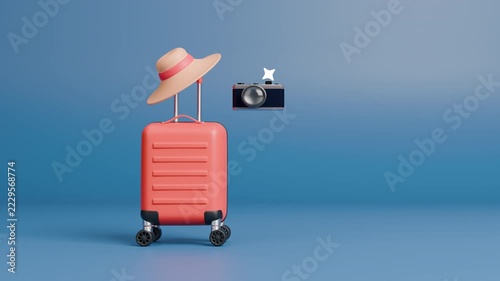 3D travel photography concept with camera, tourist hat over orange luggage suitcase motion. Representing photography, travel memories. Tourism trip vacation and content creation idea. 4k. 3d animation