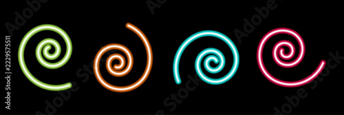glowing neon spiral set on, abstract curved light lines, bright twirl swirls, vibrant energy elements collection