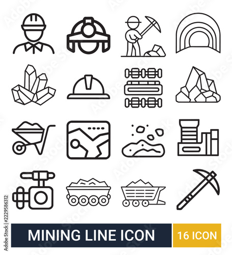 Mining Equipment And Heavy Industry Underground Extraction Minimalist Line Icon Set