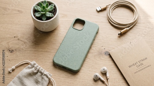 Compostable phone case on an oak desk with earphones and plant  