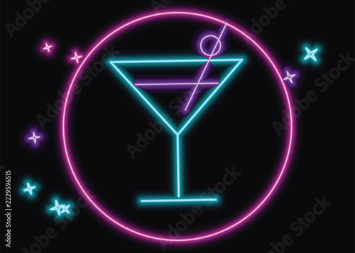 Glowing neon cocktail glass sign with vibrant pink and blue lights against a dark background vector