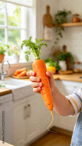 A child's hand holds a carrot in the kitchen.