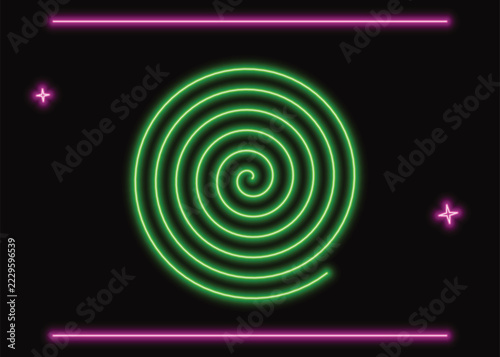 A glowing green neon spiral shape centered on a dark background with pink neon horizontal border lines