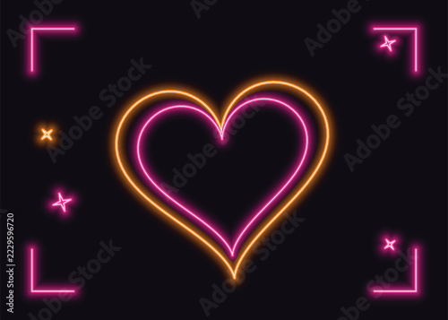 Glowing Neon Heart Shape Outline With Decorative Sparkles And Border Frame Isolated On A Dark Background Design Element