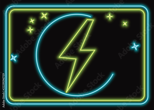 Neon Sign Featuring A Bright Green Lightning Bolt Symbol Inside A Glowing Blue Circular Frame With Decorative Star Accents