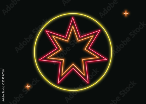 Glowing neon star symbol enclosed inside a vibrant yellow circle on a dark black background.