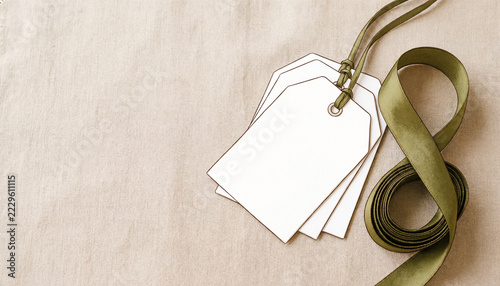 Stack of blank white cardboard clothing tags with elegant green satin ribbon on textured linen fabric, flat lay mockup style