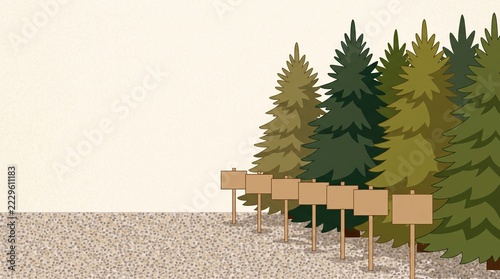 Outdoor Christmas tree market with empty wooden price tags and evergreen pine rows, flat vector illustration style
