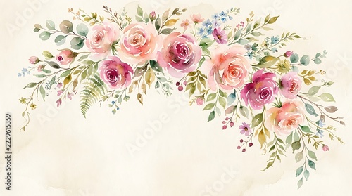 Watercolor Floral Arch Vector Pink Peach Roses Greenery Wedding Decoration