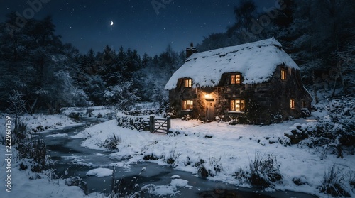 Magical Snowy Thatched Cottage Winter Night Scene.