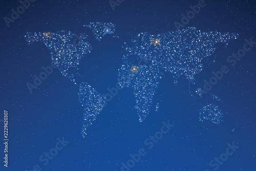 Particle world map display with orange highlight points on blue background for data analytics.