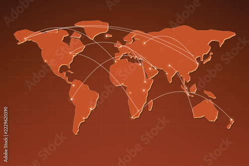 Terracotta orange world map layout with connection lines for global trade and logistics web.