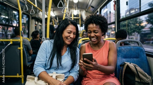 Brazilian two women riding a city bus and sharing a smartphone during an everyday commute, portraying authentic everyday culture, human connection and a warm local lifestyle scene