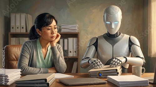 Accountant and Humanoid Robot – Automated Office Paperwork.