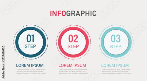 Infographic three step process with numbered circles and placeholder text on clean background. 