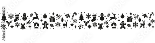 Seamless Christmas Holiday Pattern with Black Festive Silhouettes isolated on White Background