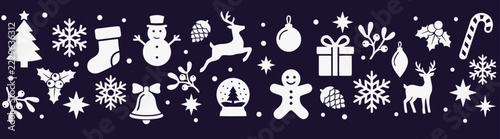 Seamless Christmas Holiday Pattern with Black Festive Silhouettes isolated on White Background