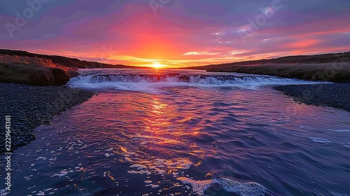 Colorful sunset over river waterfall