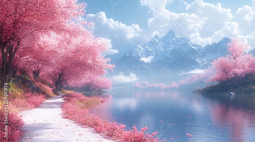 Pink blossoms landscape scenic path mountains