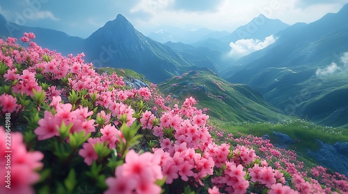 Mountain landscape with pink flowers
