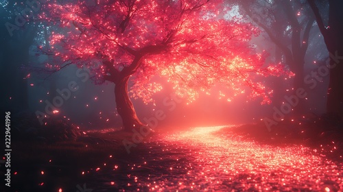 Glowing red tree in misty forest landscape