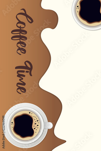 3D coffee cup background, coffee cup corner frame with space for text, flat design vector illustration. Template for menus, postcards, banners, labels.