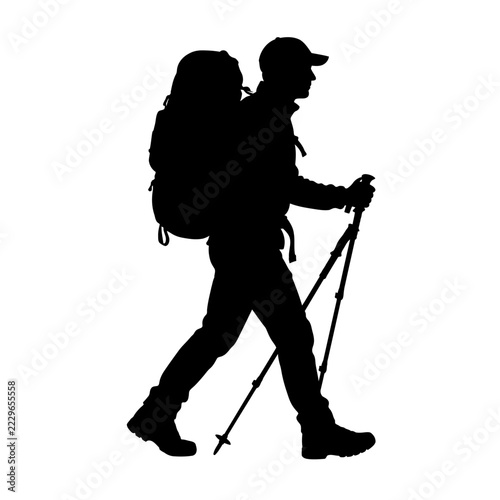 Hiker Silhouette with Backpack and Trekking Poles Walking in Outdoor Adventure
