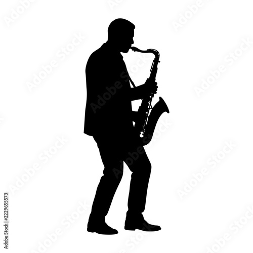 Black silhouette of a male jazz musician playing saxophone instrument isolated on white background