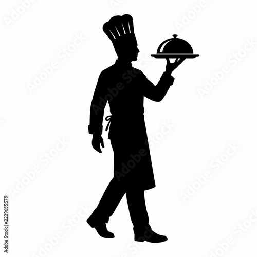 Chef Silhouette Carrying Serving Tray Cloche Cover Vector Illustration