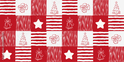 Seamless Christmas Pattern with Hand Drawn Trees, Bows, Bells and Stars in Red and White