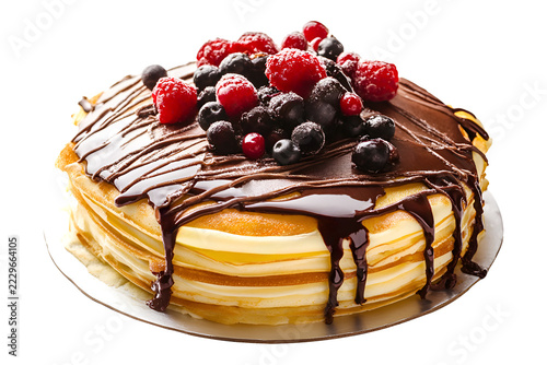 layered crepe cake with fresh berries and dark chocolate drizzle on Transparent Background

