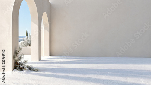 Minimalist architectural background with white concrete arches and snowy ground with copy space