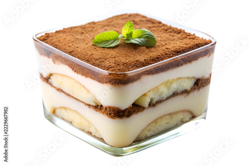 classic tiramisu dessert in a glass dish on Transparent Background