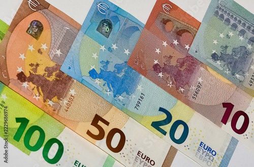 Photographs of banknotes from various countries. Photographs of euros.