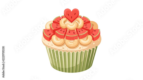 Cute Fruit Cupcake With Watermelon Slices And Cashew Nuts Topped With Heart Shape
