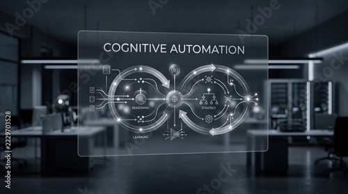 Holographic display showing advanced cognitive automation processes transforming business operations in a modern office environment, symbolizing digital innovation and future technology integration